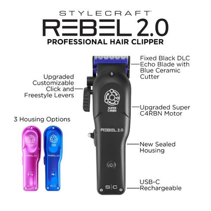 StyleCraft Rebel 2.0 Professional Hair Clipper with Super C4RBN Motor
